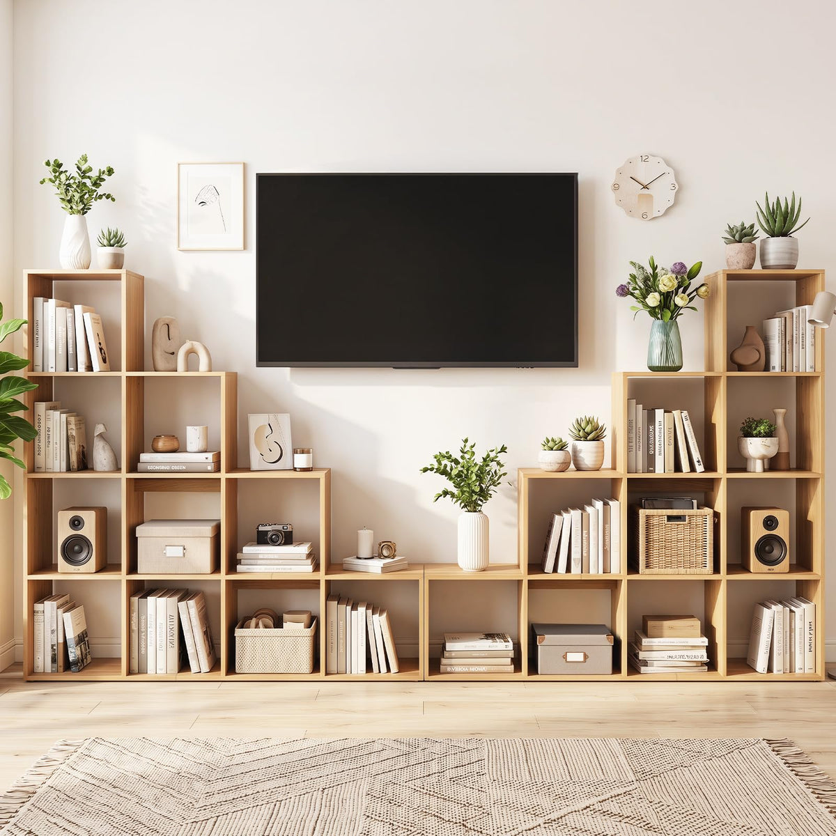 Goflame 51" Wooden 10-Cube Stepped Bookcase for Living Room