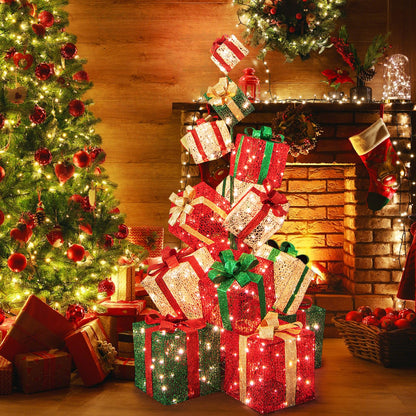 Goflame 15 Pieces Stackable Pre-lit Lighted Boxes Tower w/ 450 Warm White Lights