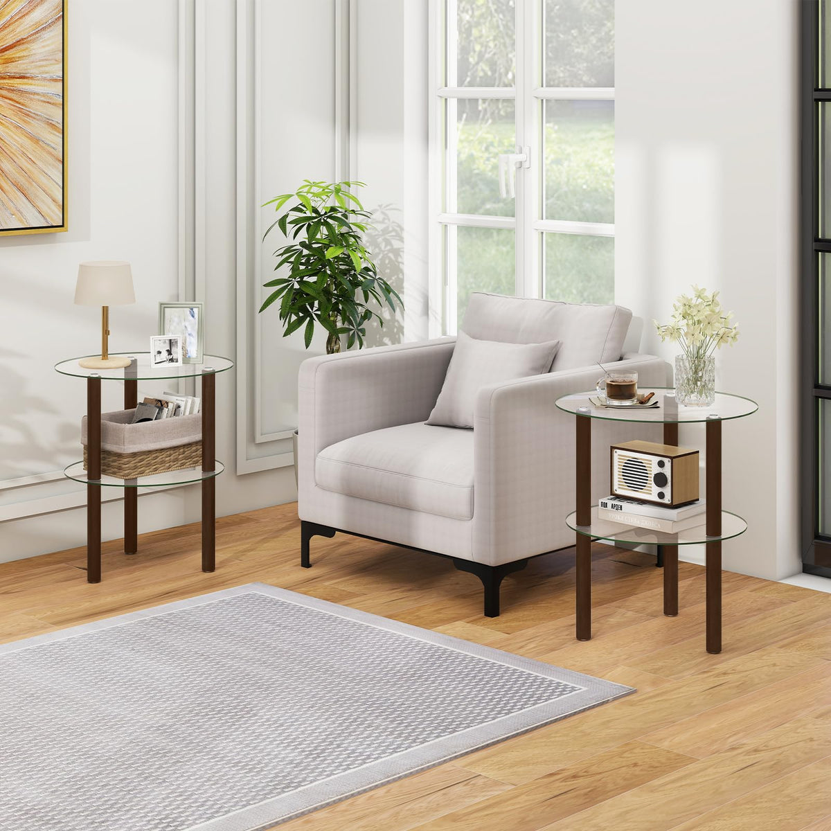 Goflame Round/Square 2-Tier Sofa Side Table with Clear Tempered Glass Top & Shelf (1/2)
