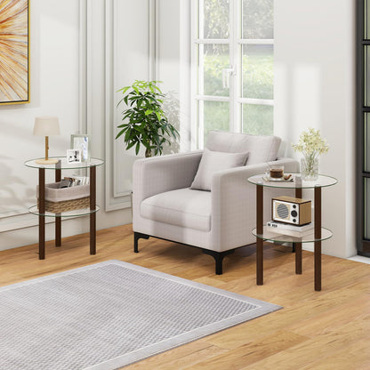 Goflame Round/Square 2-Tier Sofa Side Table with Clear Tempered Glass Top & Shelf (1/2)