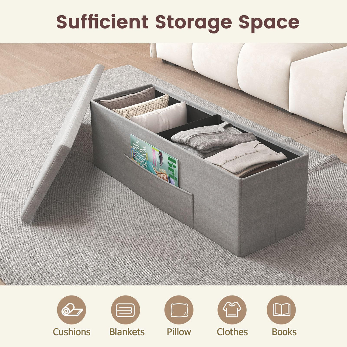 Goflame 43 Inches Folding Storage Ottoman Bench Upholstered Storage Chest with Side Pocket