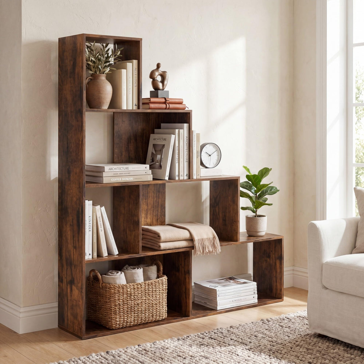 Goflame 6 Cube Geometric 4-Tier L-Shaped Bookcase with Cubes (1/2)