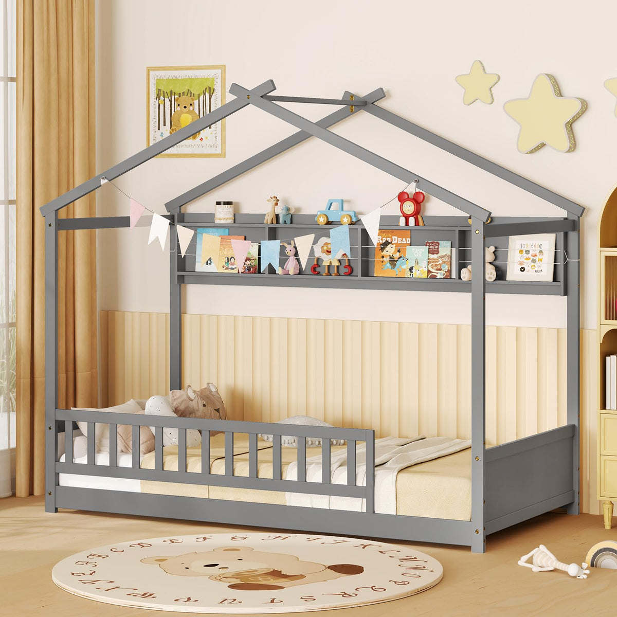 Goflame Twin Floor House Bed with Storage Shelf, Wood Twin Bed Frames with Headboard & Guardrail