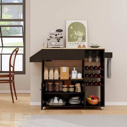 Goflame Rolling Kitchen Island Cart with Drop Leaf, Power Outlet, Spice Rack, 12 Wine Rack