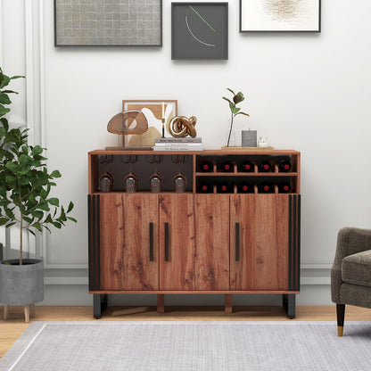 Goflame Wine Bar Cabinet, Buffet Sideboard with 3 Doors & Adjustable Shelves, Liquor Cabinet