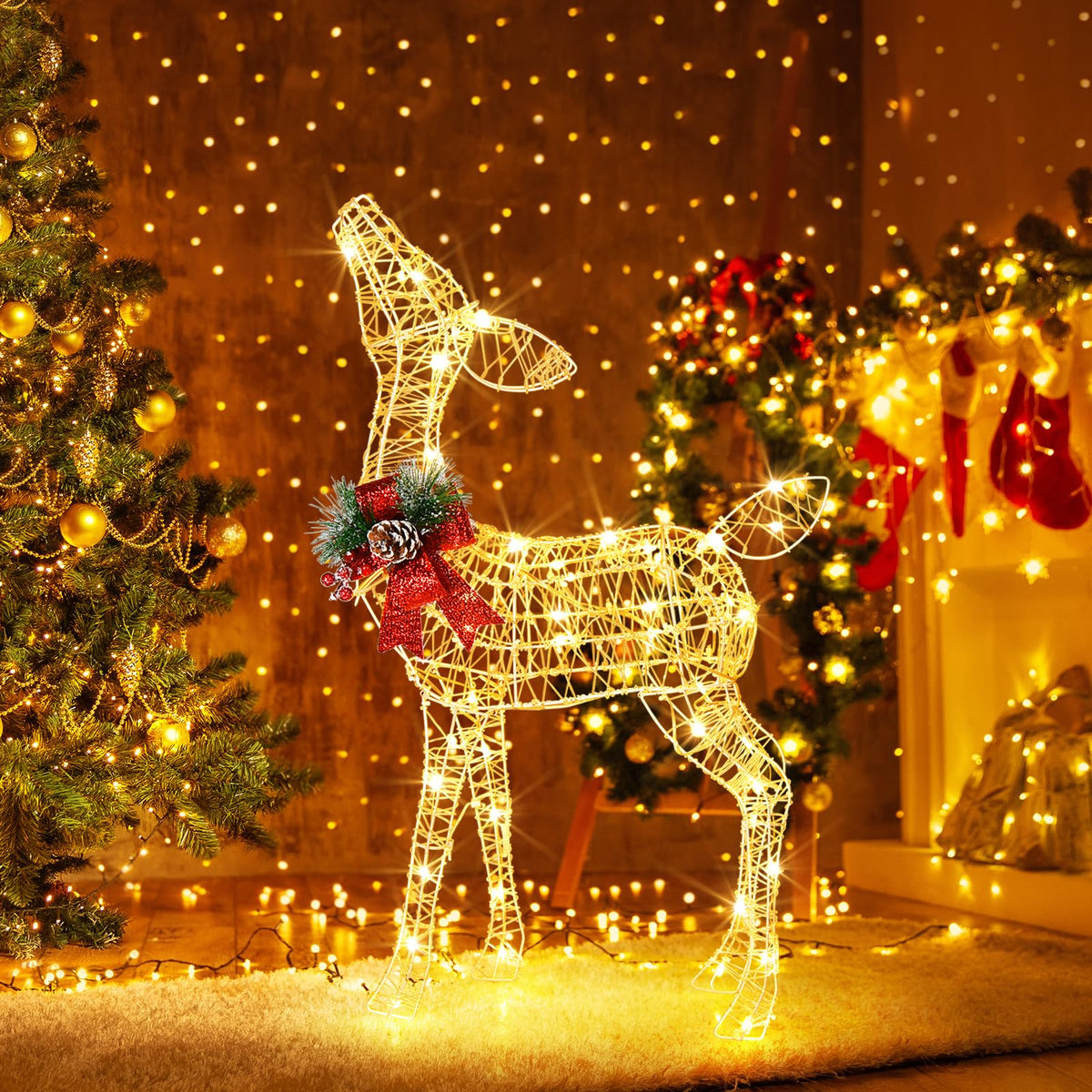 Goflame Christmas Pre-Lit Reindeer, Lighted Baby Deer w/ 50 Warm White LED Lights & Red Bow