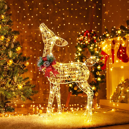Goflame Christmas Pre-Lit Reindeer, Lighted Baby Deer w/ 50 Warm White LED Lights & Red Bow