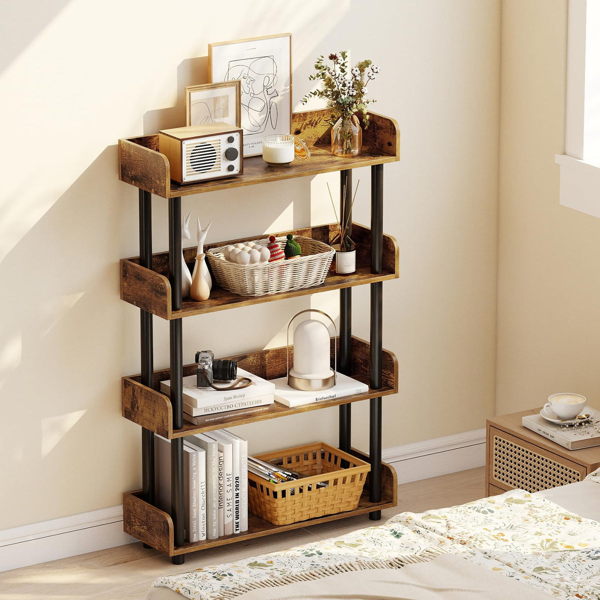 Goflame 4-Tier Freestanding Bookcase with Anti-Tipping Kit | 4 Shelf Bookcase for Living Room Bedroom Study