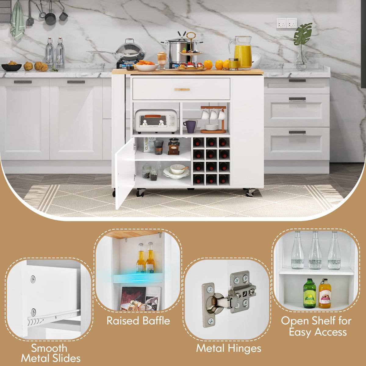 Goflame Mobile Kitchen Island Cart - 2-in-1 Reversible Serving Cart Bar Table Combo, White