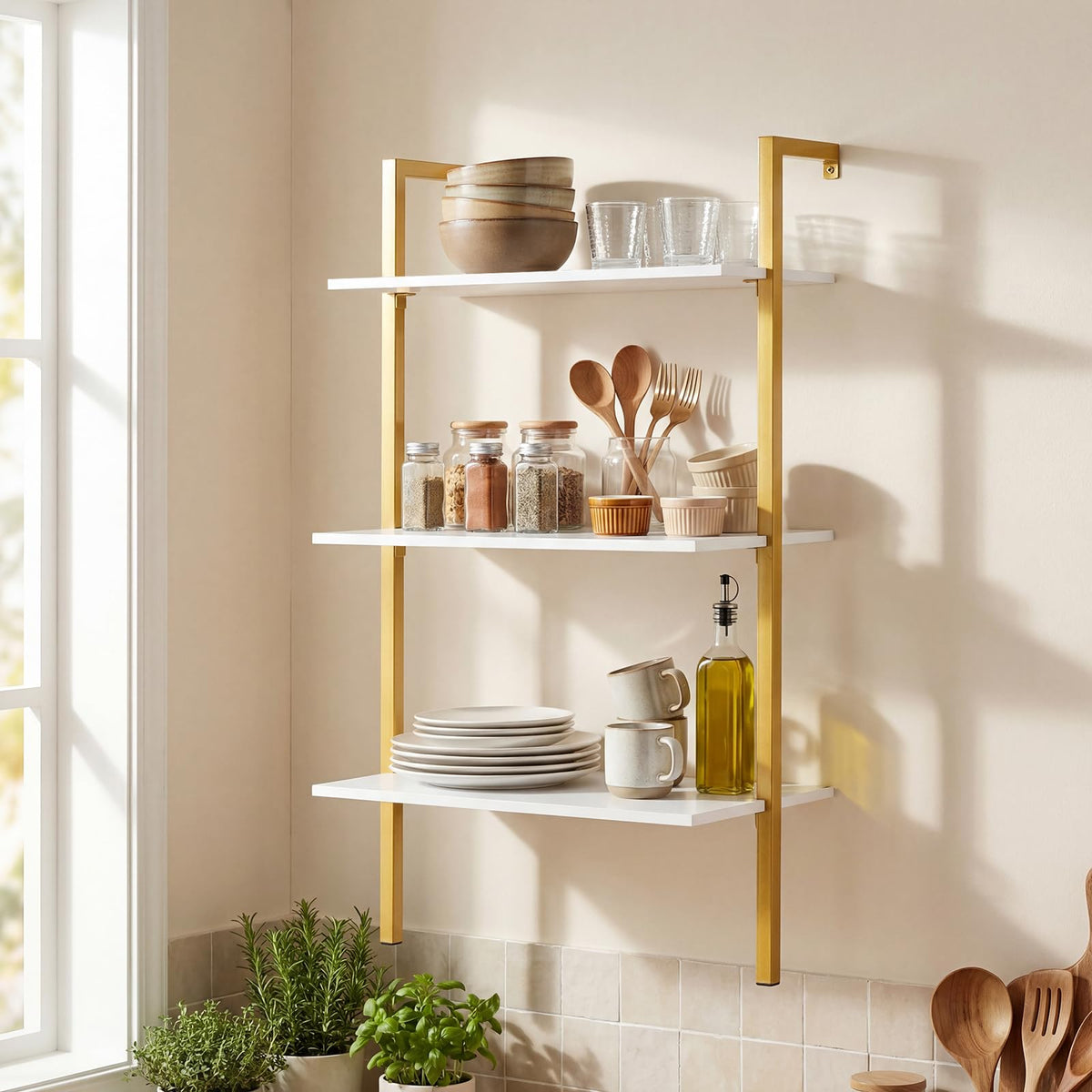 Goflame Ladder Shelf | 3-Tier Wood Wall Mounted Bookshelf with Metal Frame (1/2)