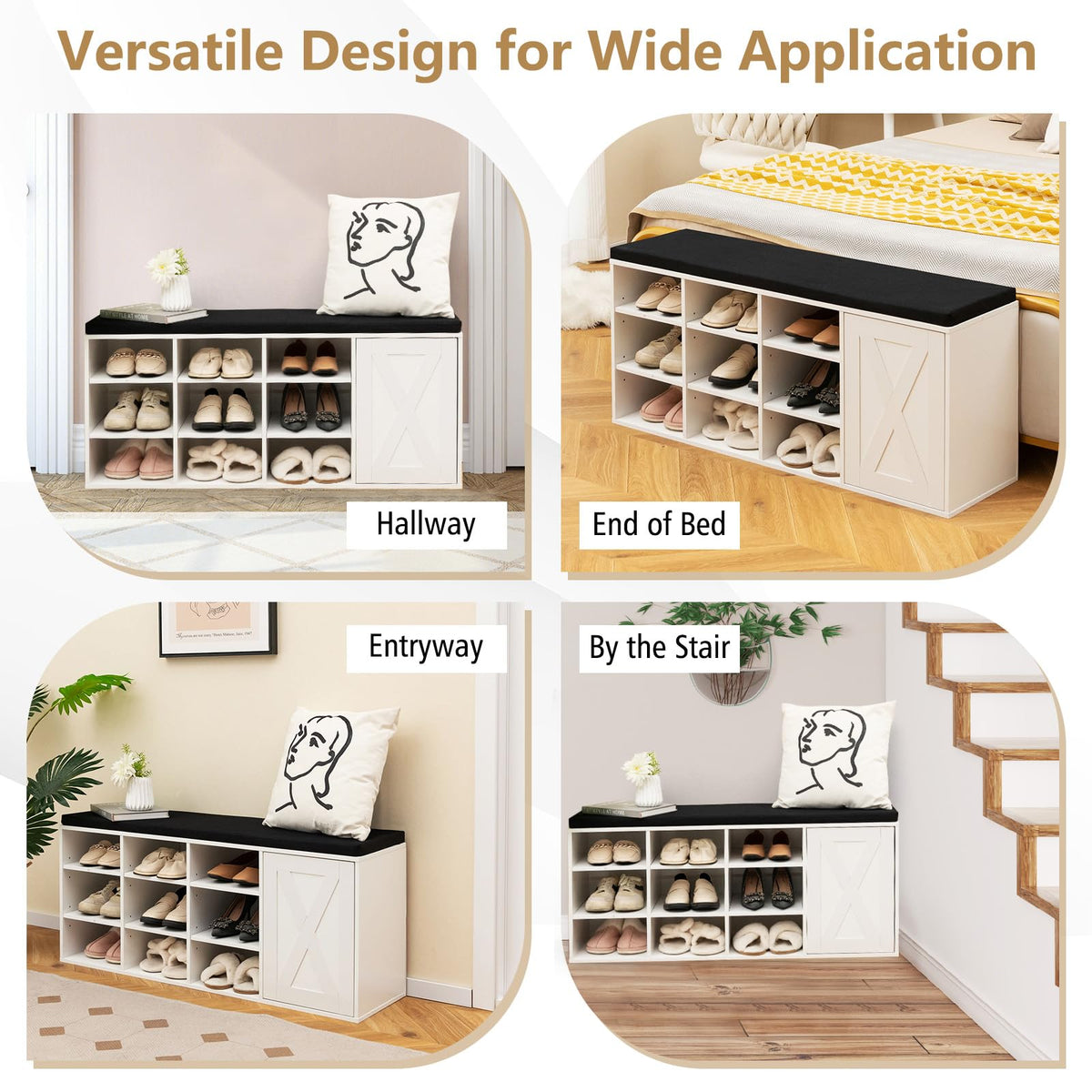 Goflame Shoe Bench, 3 Tier 9 Cubes Storage Bench with Adjustable Shelves (Rustic Brown)