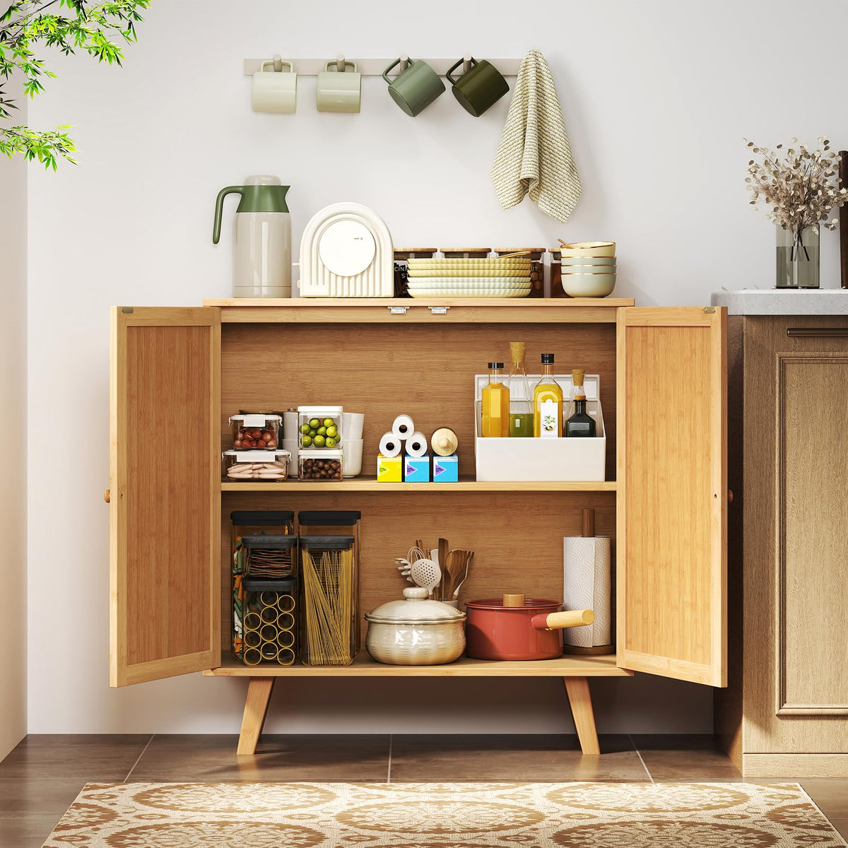 Goflame 2 Tier Bamboo Sideboard with PE Rattan Decorated Doors