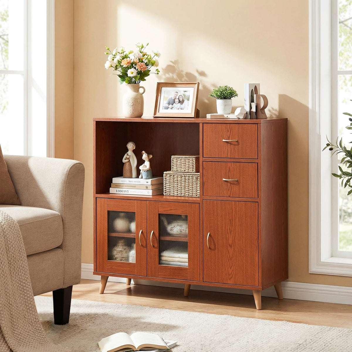 Goflame 36 Inch Sideboard Buffet Cabinet with Open Compartment