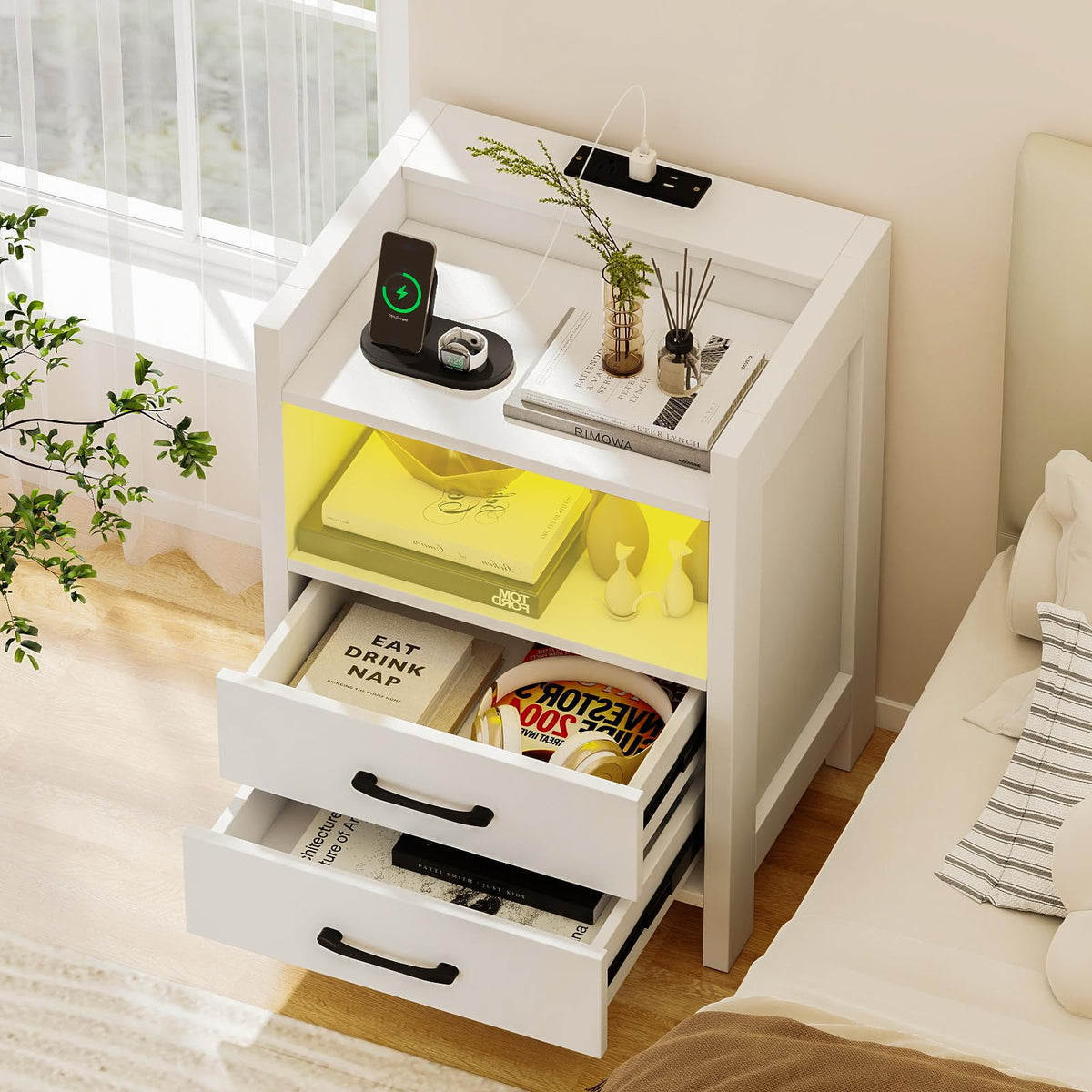 Goflame LED Nightstand with Charging Station Set of 1/2 Bedside Table