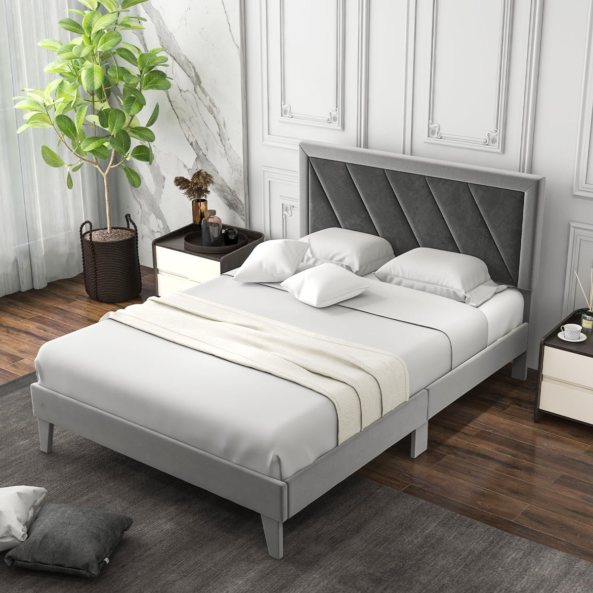 Goflame Full Size Velvet Bed Frame with Headboard, Modern Upholstered Platform Bed, No Box Spring Needed, Black & Gray