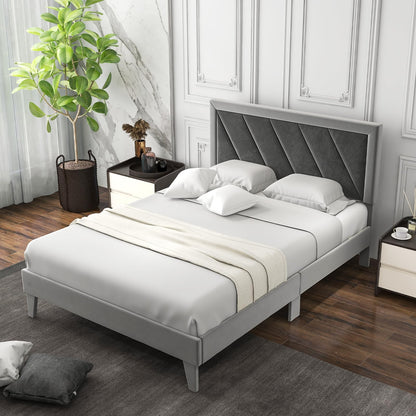 Goflame Full Size Velvet Bed Frame with Headboard, Modern Upholstered Platform Bed, No Box Spring Needed, Black & Gray