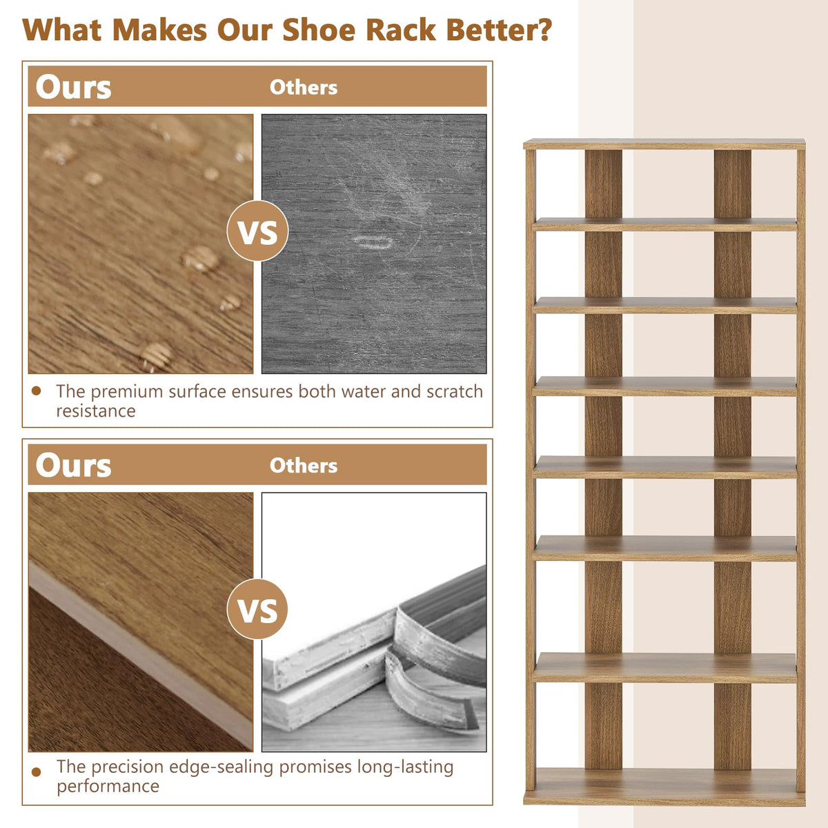 Goflame 8-Tier Wooden Shoe Rack Patented Double Row Shoe Organizer for 16 Pairs
