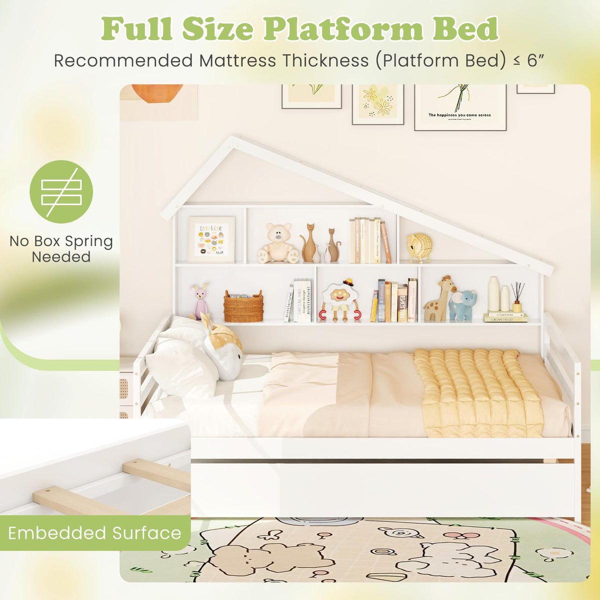 Goflame Full House Bed with Twin Trundle, Wood Daybed with 5 Cube Storage Bookcase & Headboard