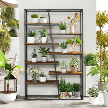 Goflame 7-Tier Industrial Bookshelf, Heavy-Duty Staggered Bookcase, Freestanding Display Storage Rack