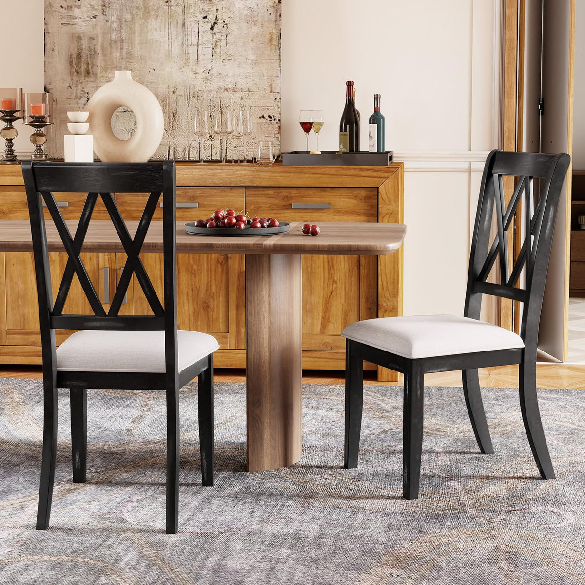 Goflame Wooden Dining Chairs Set of 2/4 Upholstered Kitchen Chair w/Distressed Rubber Wood Legs Curved Cross Back