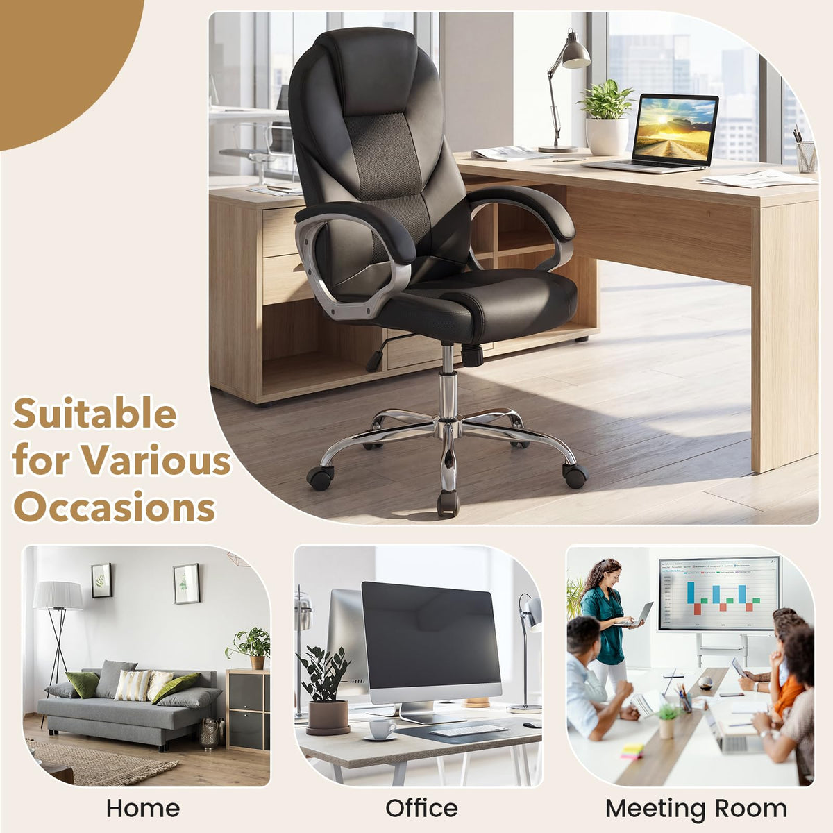 Goflame Leather Office Chair | Ergonomic Mesh Executive Chair with Padded Armrests & Rocking Backrest