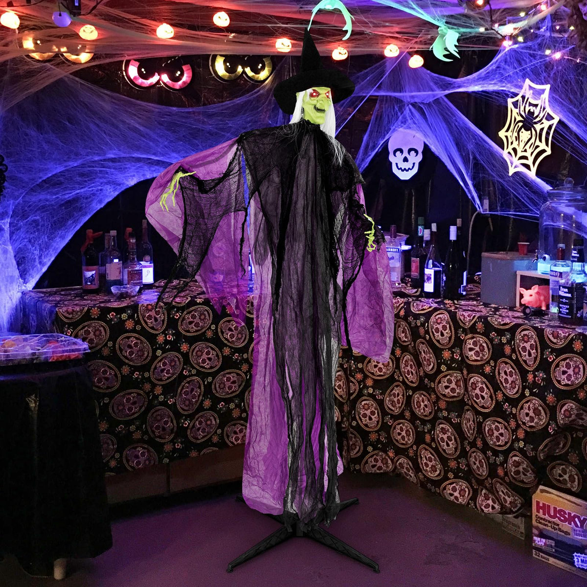 Goflame 7.2 FT Halloween Animatronic Witch, Animated Standing Poseable Figure with Light up Eyes