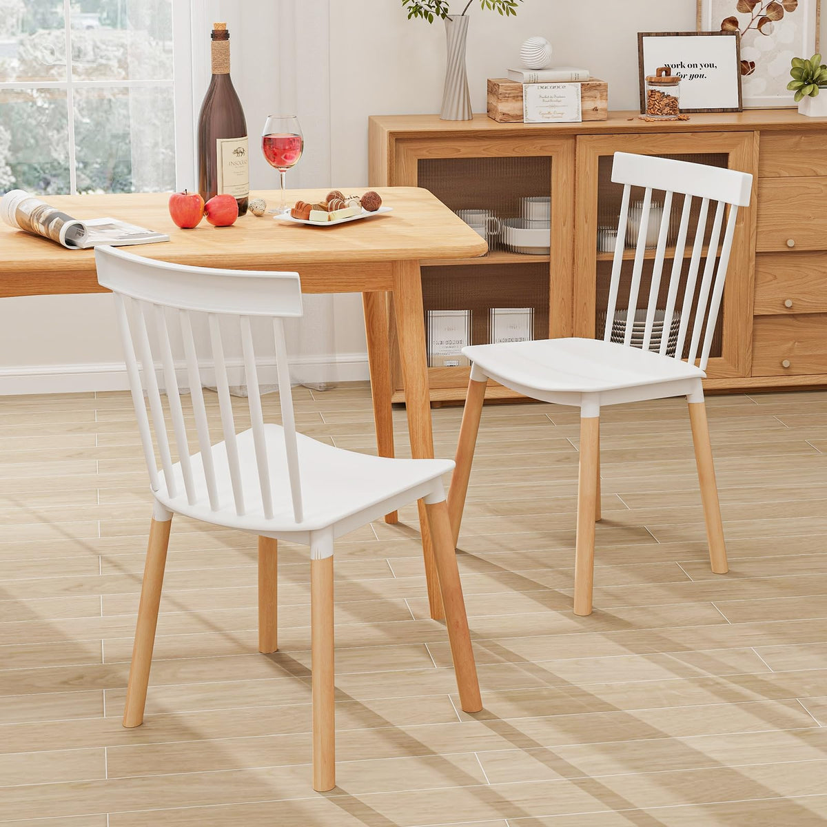 Goflame Set of 4 Windsor Dining Chairs White, Modern Kitchen Chairs w/Spindle Backs & Curved Seats