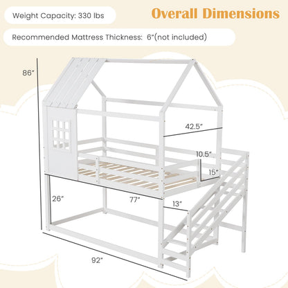 Goflame Twin Bunk Beds with Stairs, Floor House Bed with Roof & Window