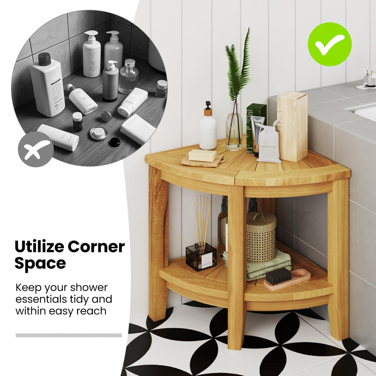 Goflame Corner Shower Stool - Teak Wood Shower Bench Seat with Storage Shelf for Shaving Legs