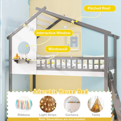 Goflame Solid Wood Floor Bunk Bed with Ladder and Full-Length Guardrails