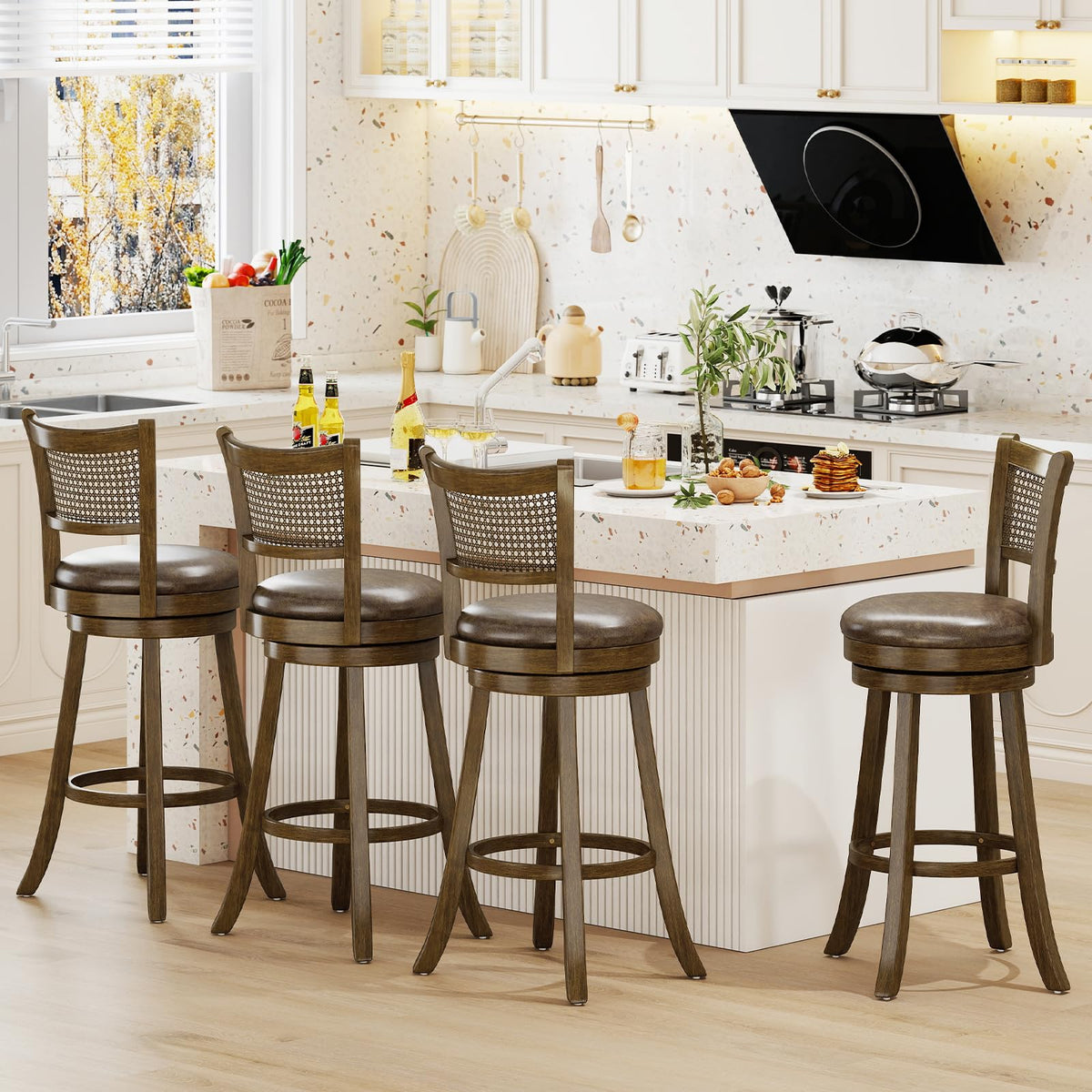 Goflame 30" Bar Height Bar Chairs with PE Rattan Backrest Upholstered Leathaire Barstools