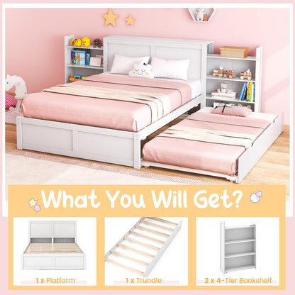 Goflame Full Bed Frame with Twin Trundle, Wooden Bed Wooden Bed Frame with 2 Rolling Bookcases & High Headboard