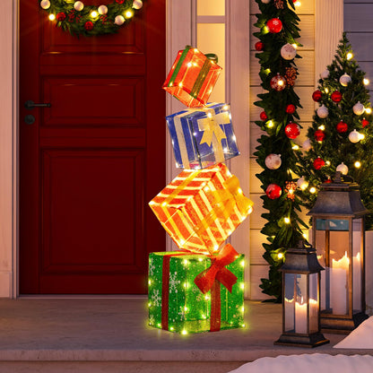 Goflame Lighted Gift Boxes, Set of 4 Stackable Pre-lit Box Decorations with Warm White LED Lights & Pre-Assembled Ribbons