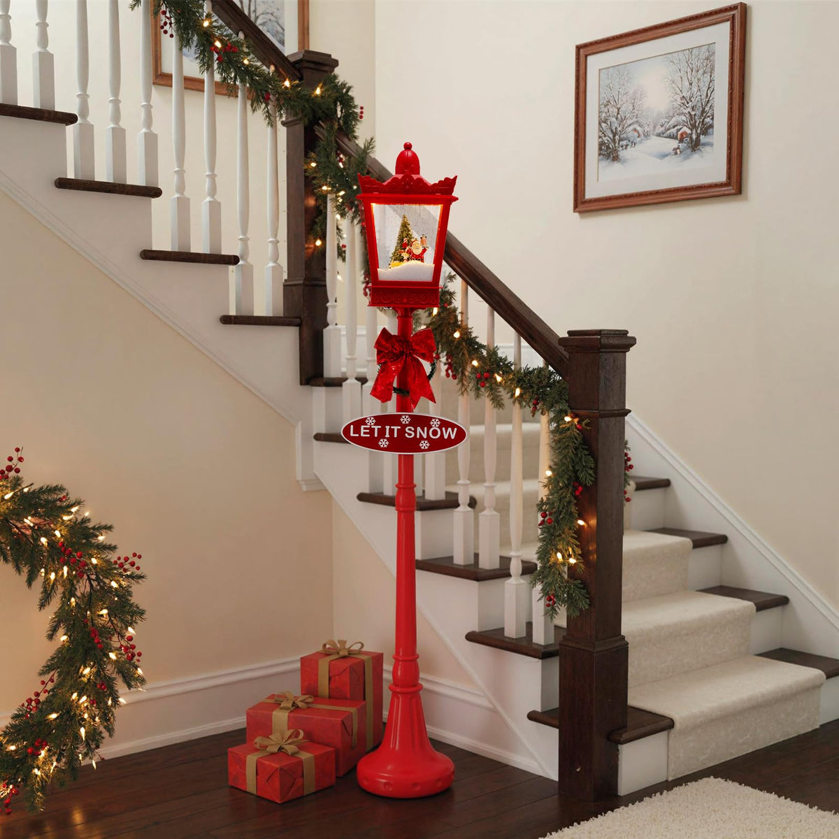 Goflame 8 ft Musical Christmas Streetlight w/Warm White LED Lights Snowy Effects Santa Scene