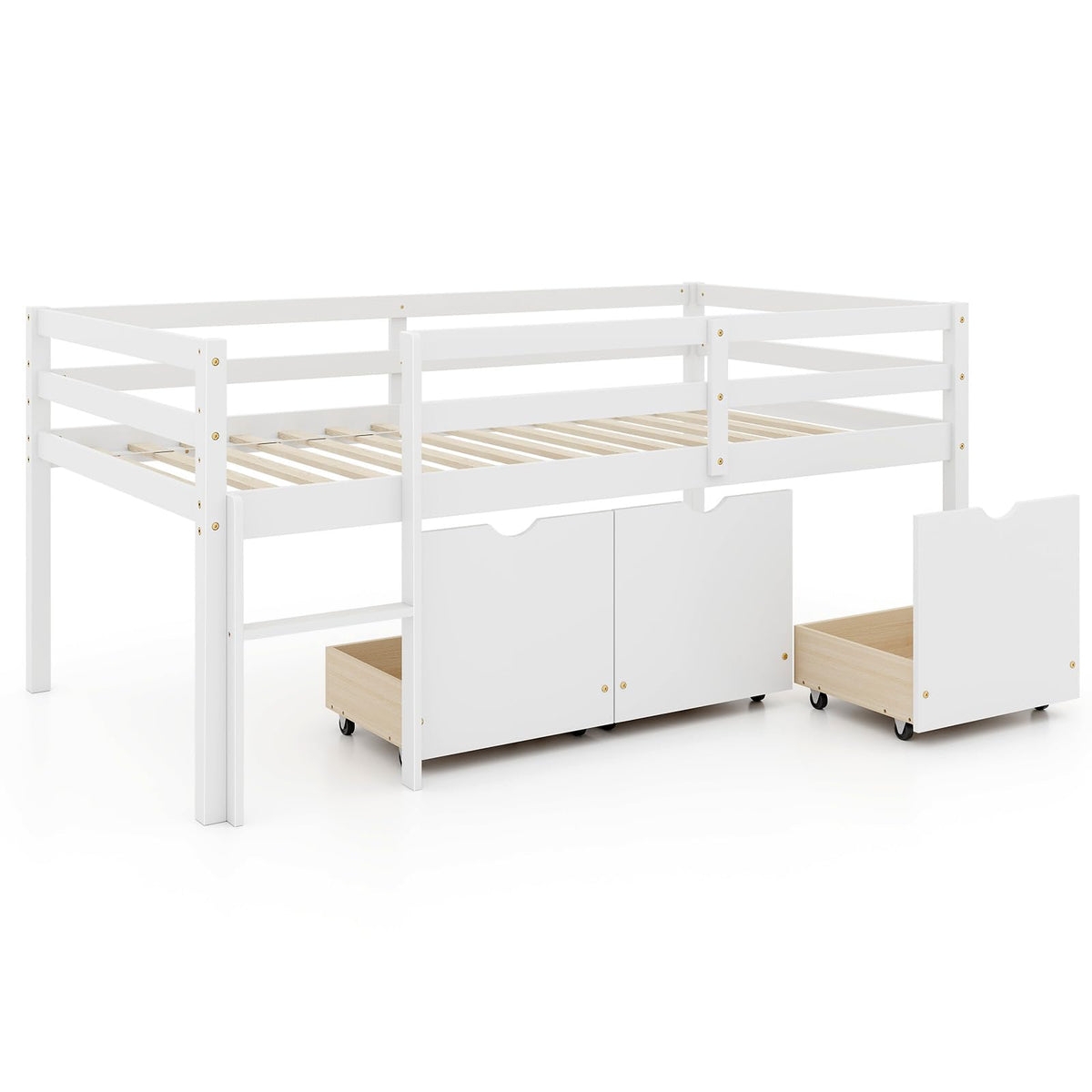 Goflame Twin Low Loft Bed with 3 Drawers, Wooden Loft Bed Frame with Ladder & Full-length Guardrails