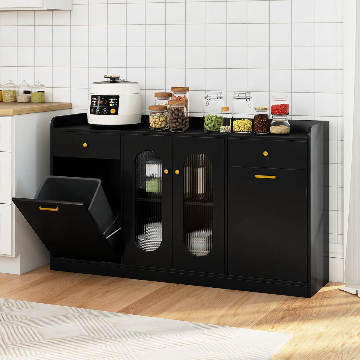 Goflame 55" Farmhouse Buffet Cabinet w/Hidden Tilt Out Trash Can