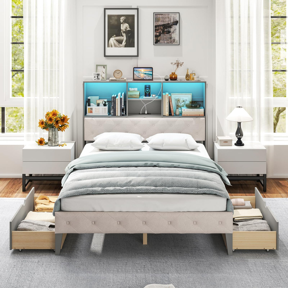 Goflame Gray Full Size Bed Frame with Upholstered Bookcase Headboard
