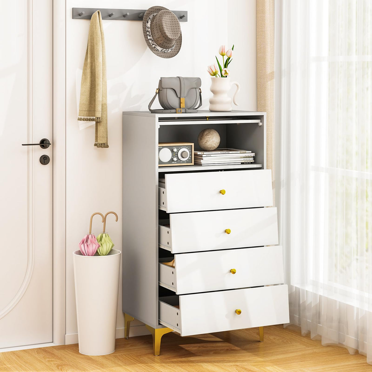 Goflame 4-Drawer Dresser with Flip Up Fluted Glass Door
