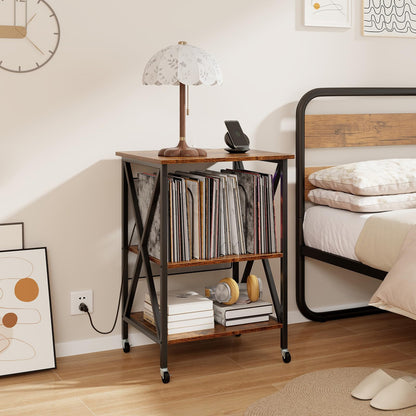 Goflame Record Player Stand with Charging Station, Turntable Stand with Record Storage & 4 Rolling Wheels