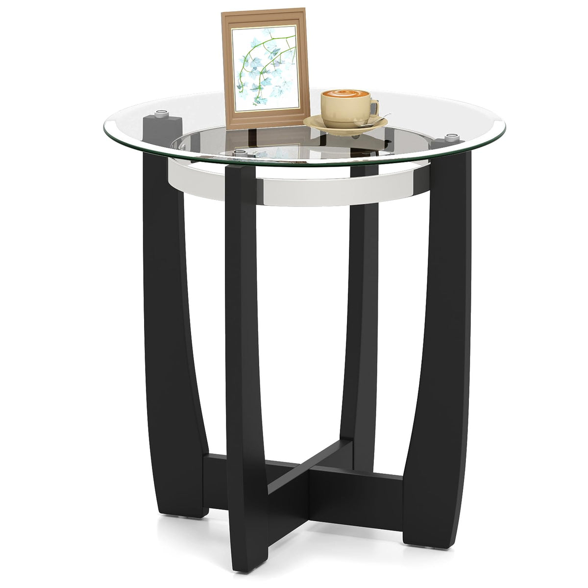 Goflame Round Glass End Table - 24’’ Side Table with Tempered Glass Top