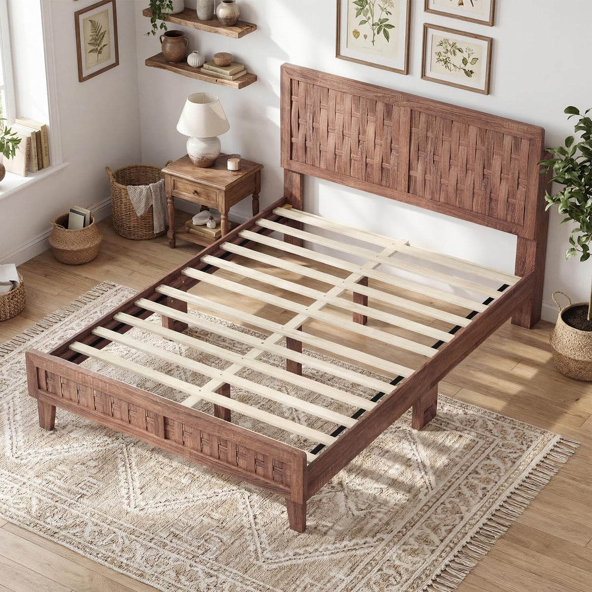 Goflame Wood Bed Frame with Woven Headboard (Full/Twin/Queen)