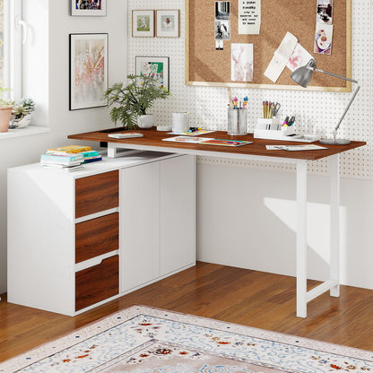54.5” L Shaped Computer Desk with Power Outlet, Reversible Corner Desk with File Cabinet and 3 Drawers