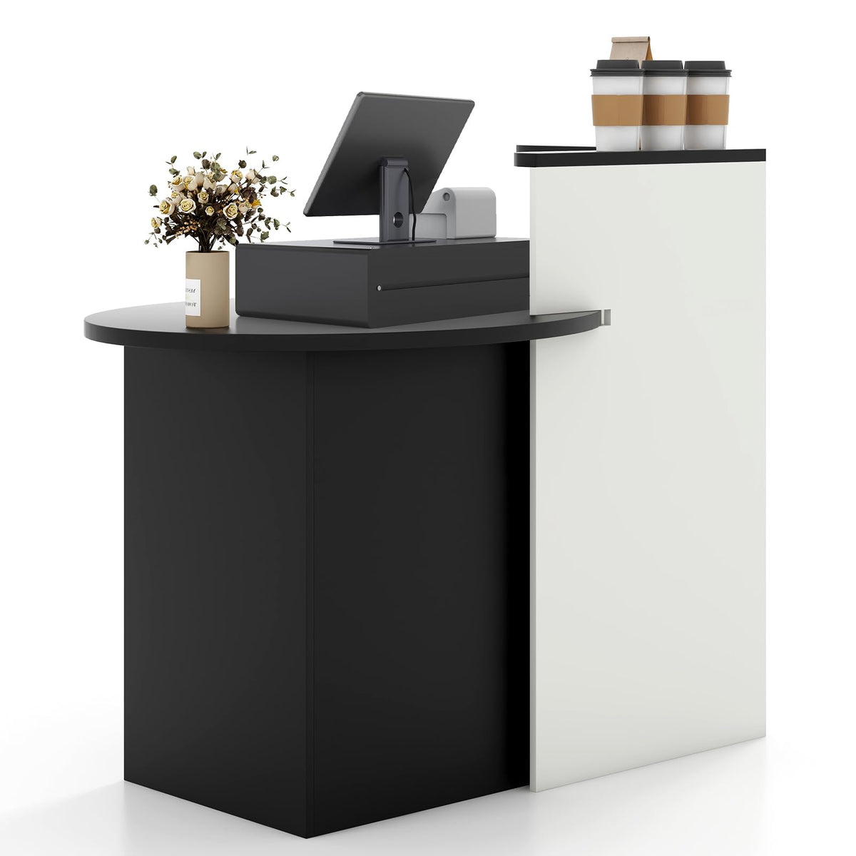 Goflame Reception Desk, Front Counter Desk with Lockable Drawer, Checkout Table with Round Tabletop