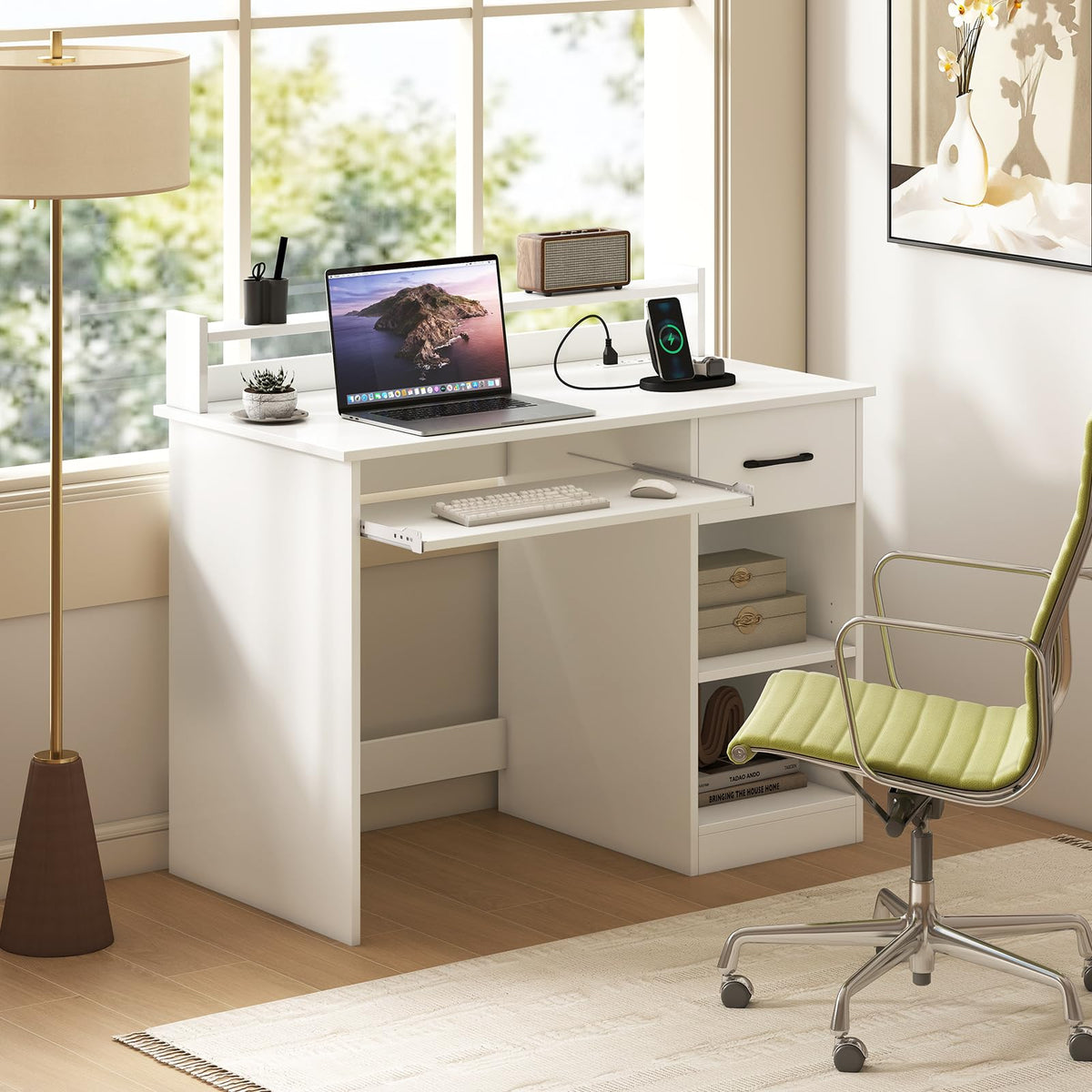 Goflame White Desk with Drawers Modern Home Office Desk
