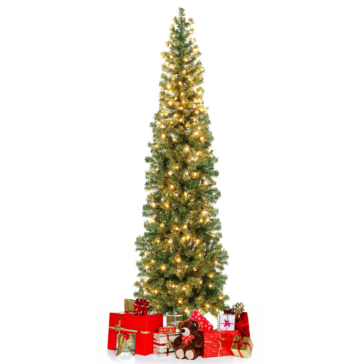 Goflame 7ft Prelit Half-Shape Christmas Tree, Space-Saving Slender Artificial Xmas Tree with 150 LED Lights - GoflameUS