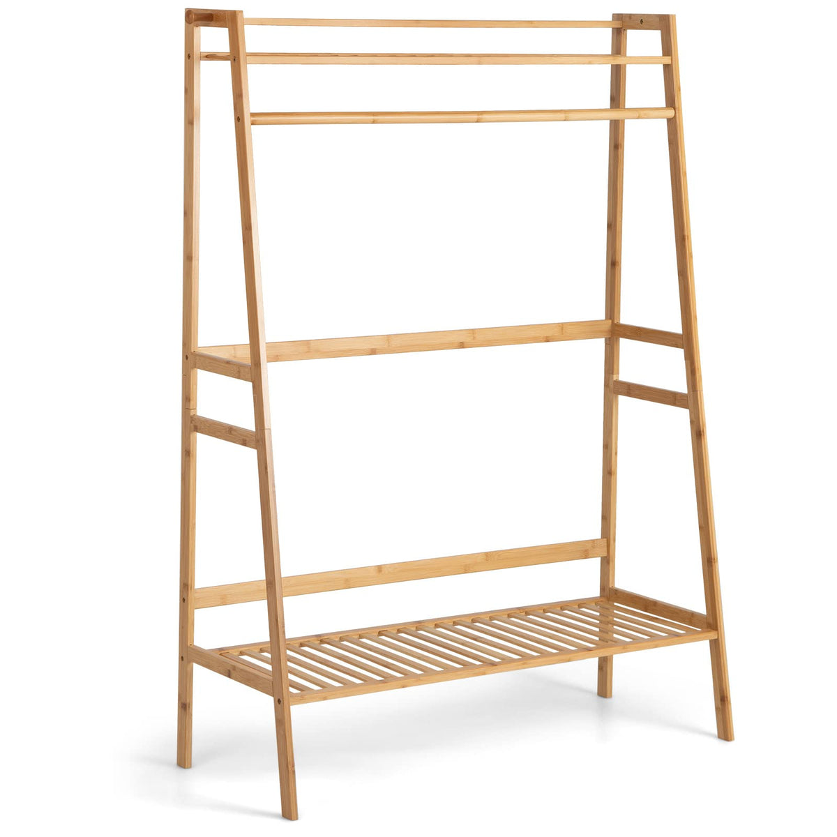 Goflame 3 Tier Bamboo Clothing Rack with Shelves, Heavy Duty Freestanding Clothes Organizer Rack with Coat Hooks
