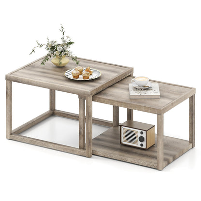 Goflame Nesting Coffee Tables Set of 2 with Storage Shelf Rubber Wood
