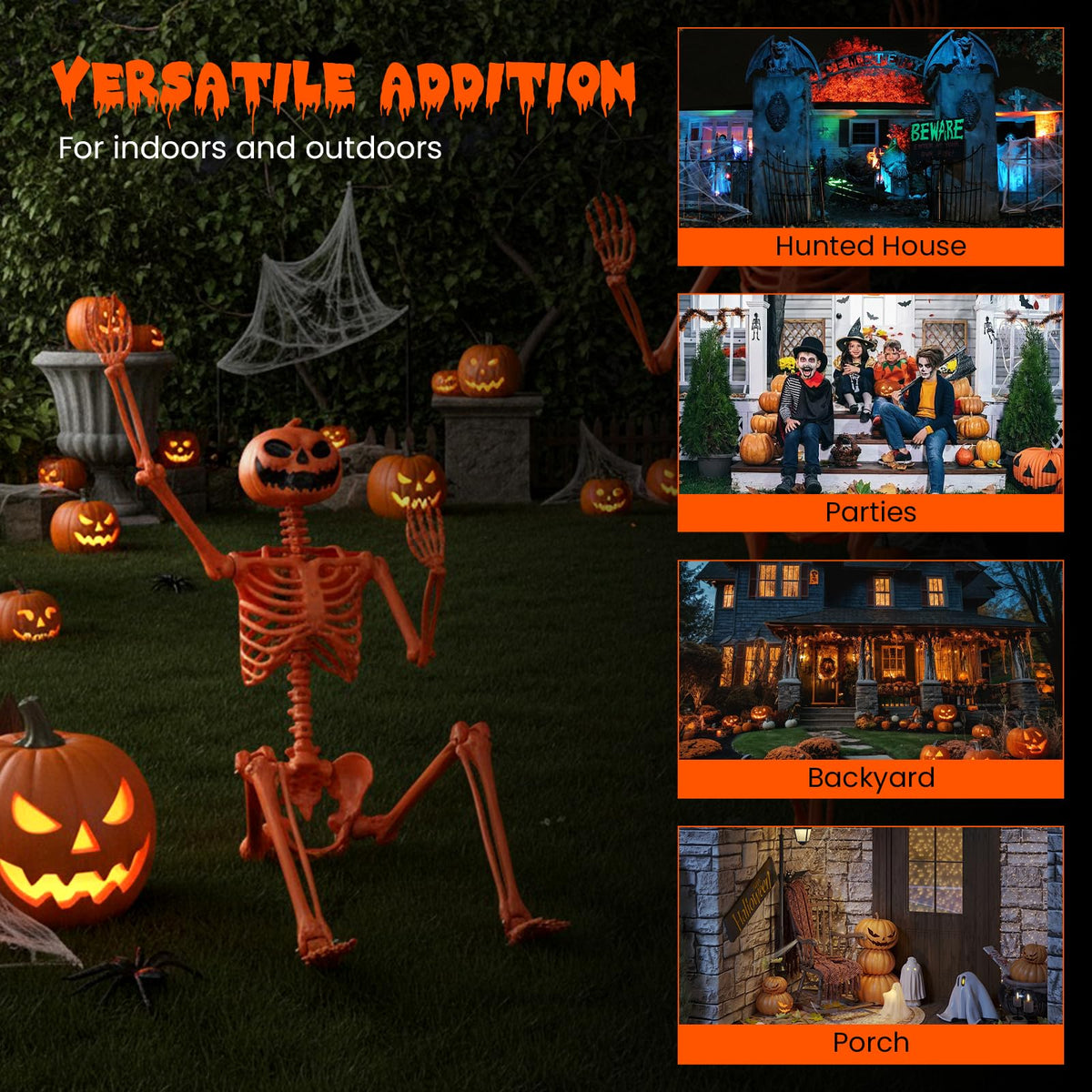 Goflame 5.2 Ft Life-Size Posable Skeleton with Pumpkin Head Halloween Orange Skeleton Decoration