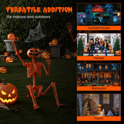 Goflame 5.2 Ft Life-Size Posable Skeleton with Pumpkin Head Halloween Orange Skeleton Decoration