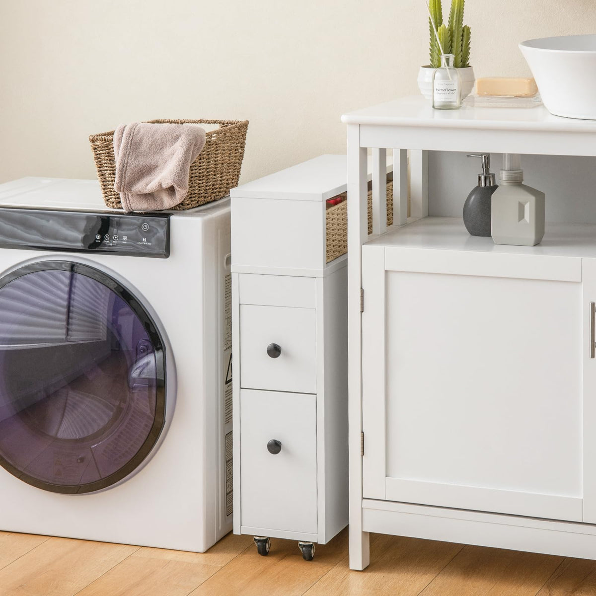 Goflame Small Bathroom Storage Cabinet - Slim Bathroom Organizer with Wheels, 2 Drawers, 2 Baskets